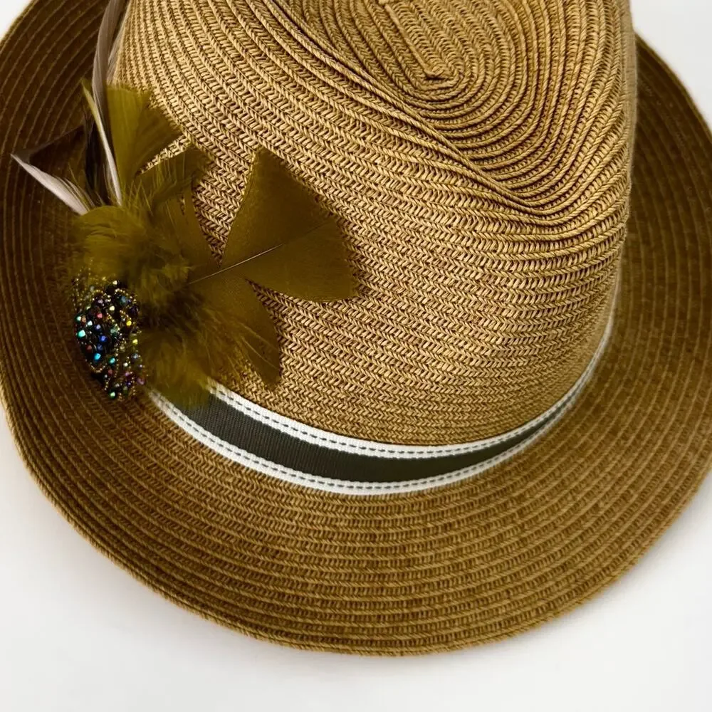 Uno Alla Volta Fedora Raffia Hat Feather Gems Rhinestone Band Tan Made in USA
